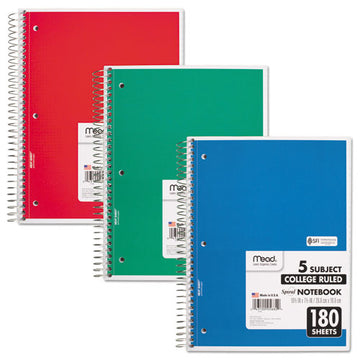 Mead® Spiral Notebook, 5 Subject, Medium-college Rule, Randomly Assorted Covers, 10.5 X 8, 180 Sheets freeshipping - TVN Wholesale